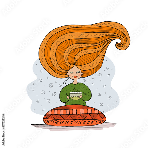 Pretty girl with coffee mug. Morning time concept. Cozy illustration for your...
