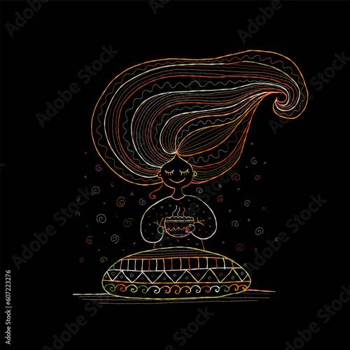 Pretty girl with coffee mug. Morning time concept. Cozy illustration for your...