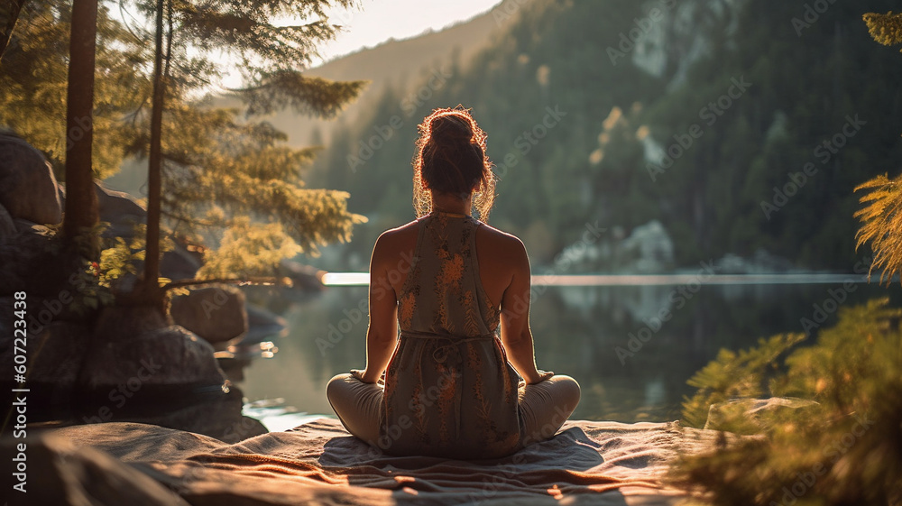 Back view of a woman sitting in the middle of nature and calming herself through meditation Back view of a woman sitting in the middle of nature and calming herself through meditation