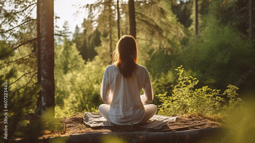Back view of a woman sitting in the middle of nature and calming herself through meditation Back view of a woman sitting in the middle of nature and calming herself through meditation
