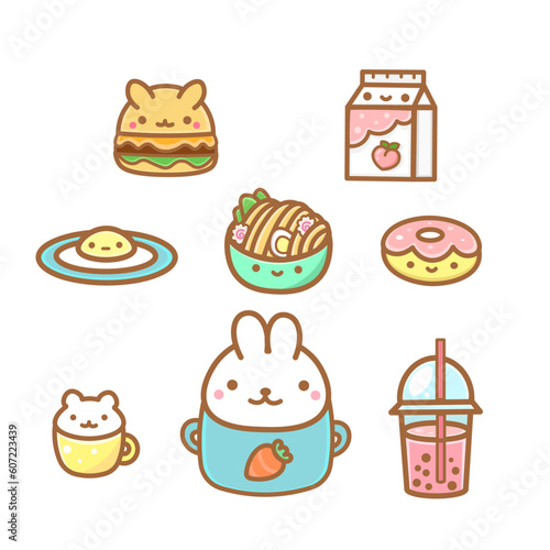 Kawaii food set with noodles, bubble tea, donut, milk, hamburger and scrambled eggs
