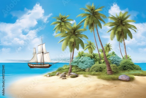 sailboat anchored near a palm tree-lined tropical island Generative AI © AkuAku