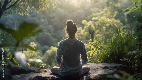 Back view of a woman sitting in the middle of nature and calming herself through meditation
