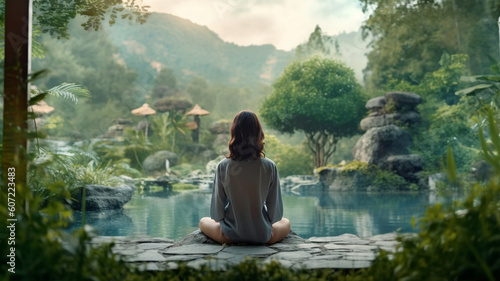 Back view of a woman sitting in the middle of nature and calming herself through meditation © 대연 김