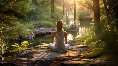 Back view of a woman sitting in the middle of nature and calming herself through meditation