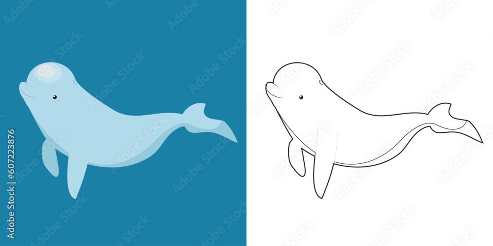 Vetor de Cute cartoon animal coloring page. Coloring beluga the sea