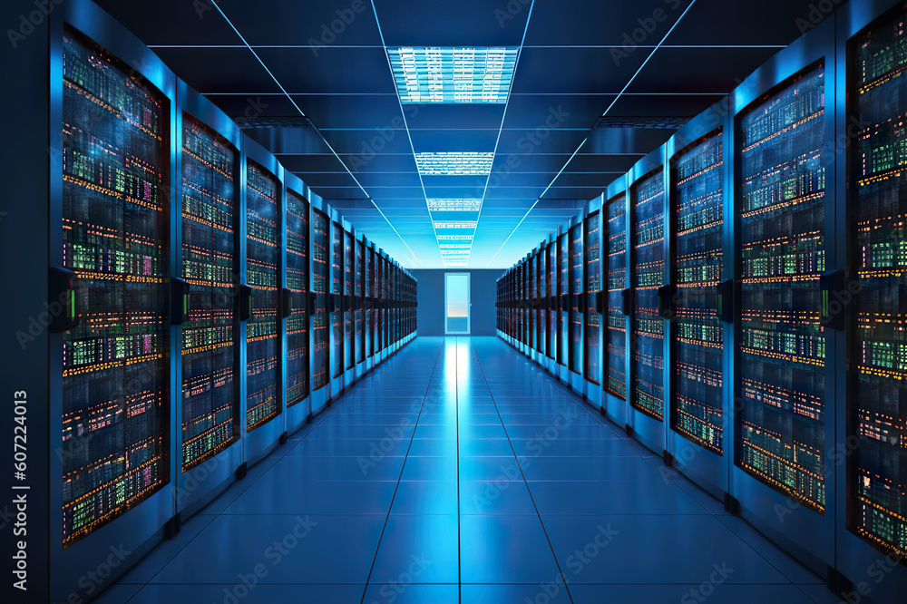 Power Hub Server Room Interior in a High-Tech Datacenter. created with Generative AI Power Hub Server Room Interior in a High-Tech Datacenter. created with Generative AI