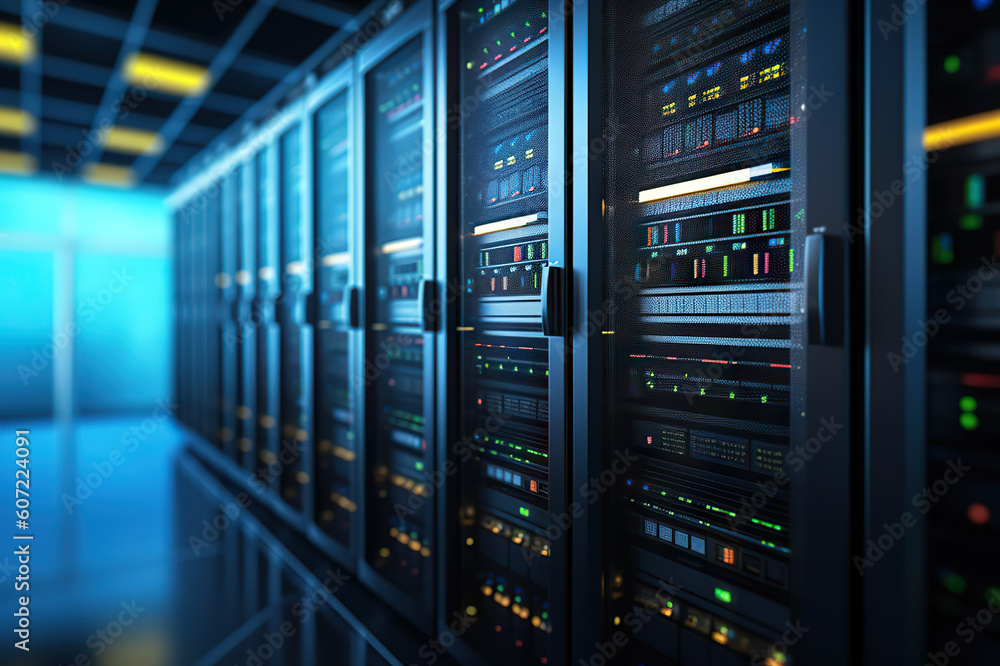 Power Hub Server Room Interior in a High-Tech Datacenter. created with Generative AI Power Hub Server Room Interior in a High-Tech Datacenter. created with Generative AI