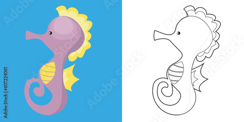 Cute cartoon animal coloring page. Coloring the seahorse sea animals worksheet. Coloring activity for children. Printable educational printable coloring worksheet. Vector file.