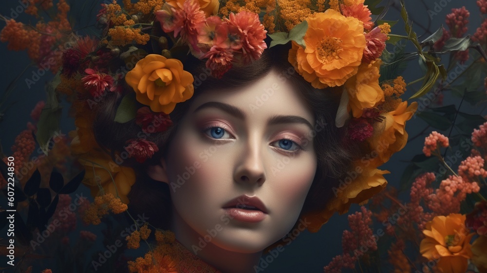 portrait of a beautiful woman with a wreath of flowers Generative AI portrait of a beautiful woman with a wreath of flowers Generative AI