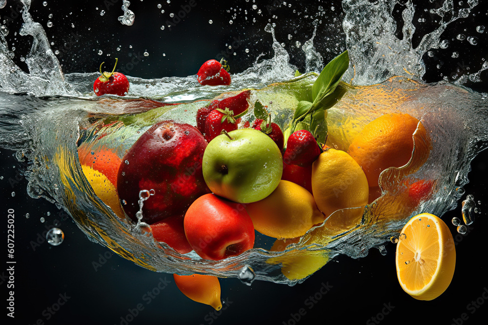 Fototapeta premium Refreshing Delights: Fruit and Vegetables Splash into Water. created with Generative AI