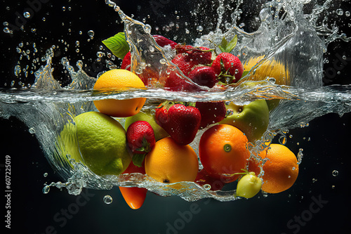 Refreshing Delights: Fruit and Vegetables Splash into Water. created with Generative AI
