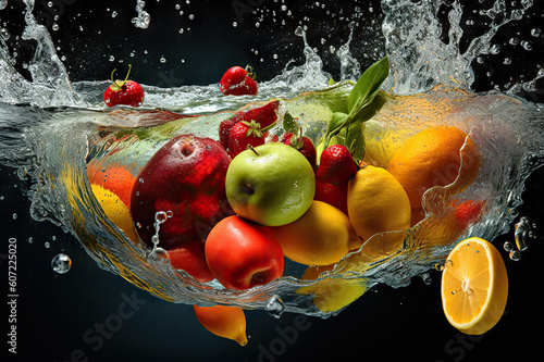 Refreshing Delights: Fruit and Vegetables Splash into Water. created with Generative AI