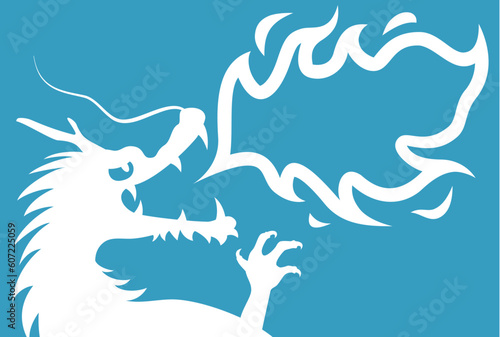 龍が吹いている火が吹き出しになっているイラスト　青背景に白シルエット