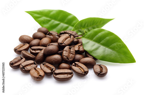 Aromatic Harmony Close-Up of Coffee Beans and Leaves on a Solate White Background. created with Generative AI