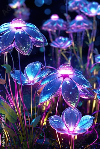 Bioluminescent flower garden. Glowing floral blue and purple neon plants. Spring nighttime alien plants.