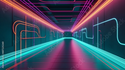 Futuristic underground corridor with colorful lights Generative AI © Dyeru