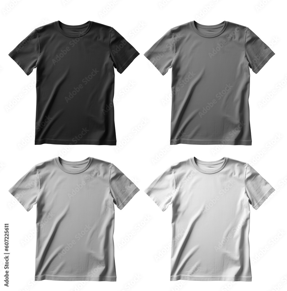 Set of black grey white tee t shirt round neck on transparent background cutout, PNG file. Mockup template for artwork graphic design Set of black grey white tee t shirt round neck on transparent background cutout, PNG file. Mockup template for artwork graphic design