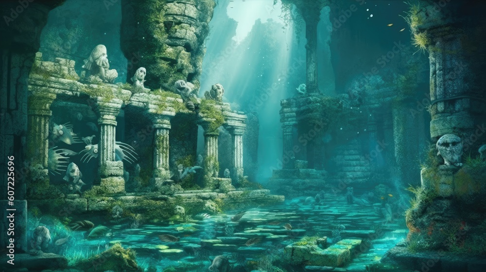 Under the sea. Underwater mystical ruins. Lost city of Atlantis. Sunken treasure ocean world. Under the sea. Underwater mystical ruins. Lost city of Atlantis. Sunken treasure ocean world.