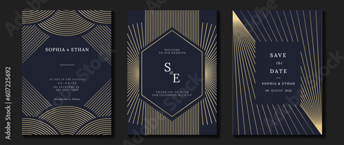 Luxury wedding invitation card background vector. Golden elegant geometric shape, gold wavy lines on dark background. Premium design illustration for wedding and vip cover template, banner, poster.