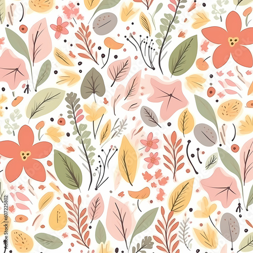 Leaves And Flowers Pattern Colorful Pastel Seamless Illustration