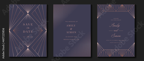 Luxury wedding invitation card background vector. Golden elegant geometric shape, rose gold lines on purple background. Premium design illustration for wedding and vip cover template, banner, poster.
