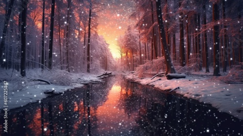 Abstract winter wonderland landscape with ruby red sunset. Snowy woods and river at dawn. Snowflakes and sun. © Fox Ave Designs