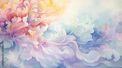 Whimsical Watercolor Dreams Background. Dreamy watercolor painting with delicate swirls and soft pastel hues. Tranquility and enchantment feel. Generative AI.