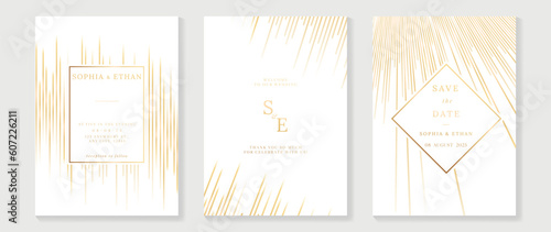 Luxury wedding invitation card background vector. Golden elegant geometric shape, gold lines on dark blue background. Premium design illustration for wedding and vip cover template, banner, poster.