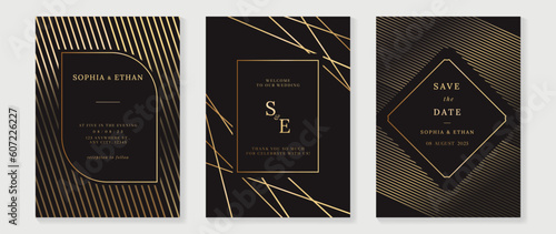 Luxury wedding invitation card background vector. Golden elegant geometric shape, gold lines on dark blue background. Premium design illustration for wedding and vip cover template, banner, poster.