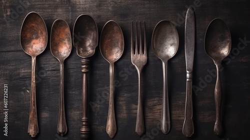 old antique utensils on wooden table background Generative AI