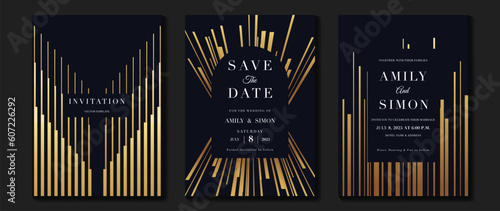 Luxury wedding invitation card background vector. Golden elegant geometric shape, gold lines on dark background. Premium design illustration for wedding and vip cover template, banner, poster.