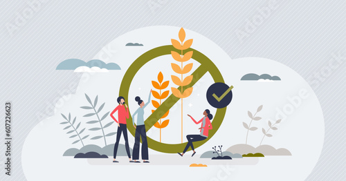 Gluten free diet and nutrition products without grain tiny person concept. Exclude eating wheat protein to help with celiac disease and be healthy vector illustration. Weight loss and healthy food.