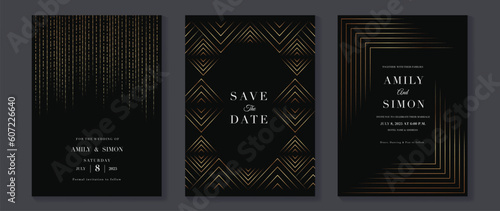 Luxury wedding invitation card background vector. Golden elegant geometric shape, gold lines on dark background. Premium design illustration for wedding and vip cover template, banner, poster.