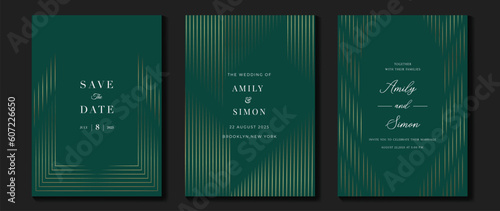 Luxury wedding invitation card background vector. Golden elegant geometric shape, gold lines on green background. Premium design illustration for wedding and vip cover template, banner, poster.