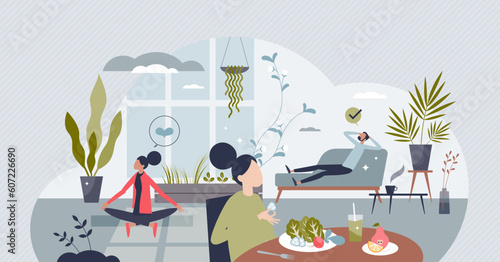 Wellness and healthy lifestyle with diet, sport and relax tiny person concept. Good life balance with body and mind harmony, nutrition eating and vital leisure vector illustration. Happy mindset.