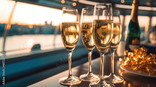 Glamorous Night: Luxury Evening Party on a Cruise Yacht, Set in Motion by Champagne Delights. created with Generative AI © photobuay