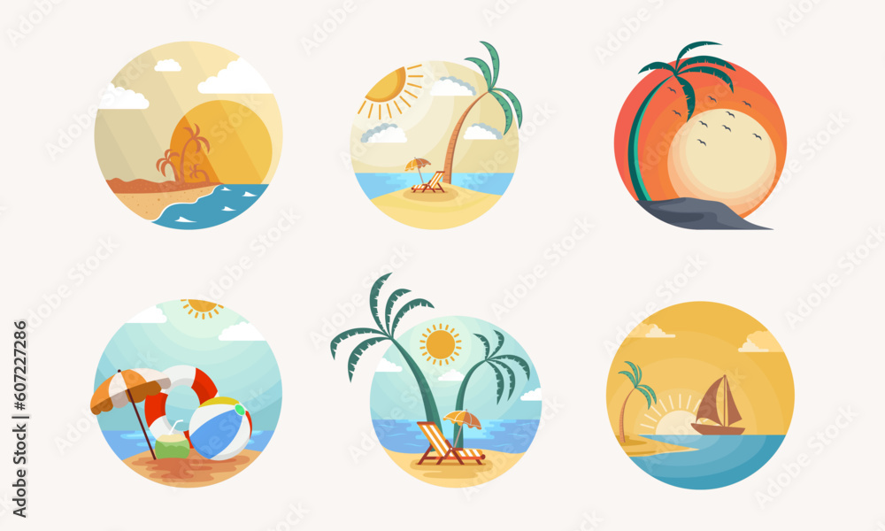 Set of Iconic Summer Beach Illustration With Palm Tree , Summer Beach Logo icon vector