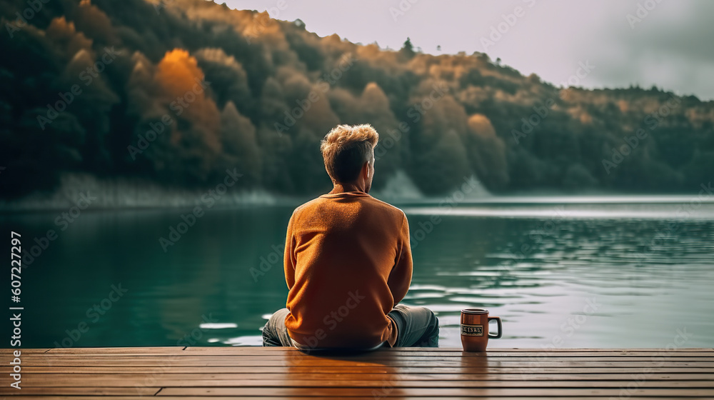 Lakeside Retreat: Young Man Embracing Freedom and Relaxation on the Pier with a Cup of Coffee. created with Generative AI - obrazy, fototapety, plakaty 