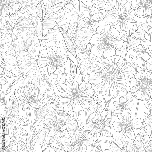 Outline Floral Seamless Background Illustration © imazydreams