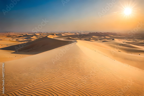 desert sunrise as the first rays of light grace the endless expanse of sand  The soft hues of pink  orange  and gold paint the sky  casting a warm and ethereal glow  The barren landscape comes alive