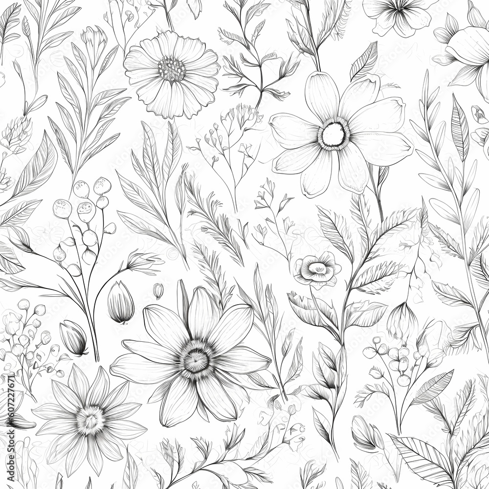 Pencil Drawn Floral Pattern On White Background Illustration