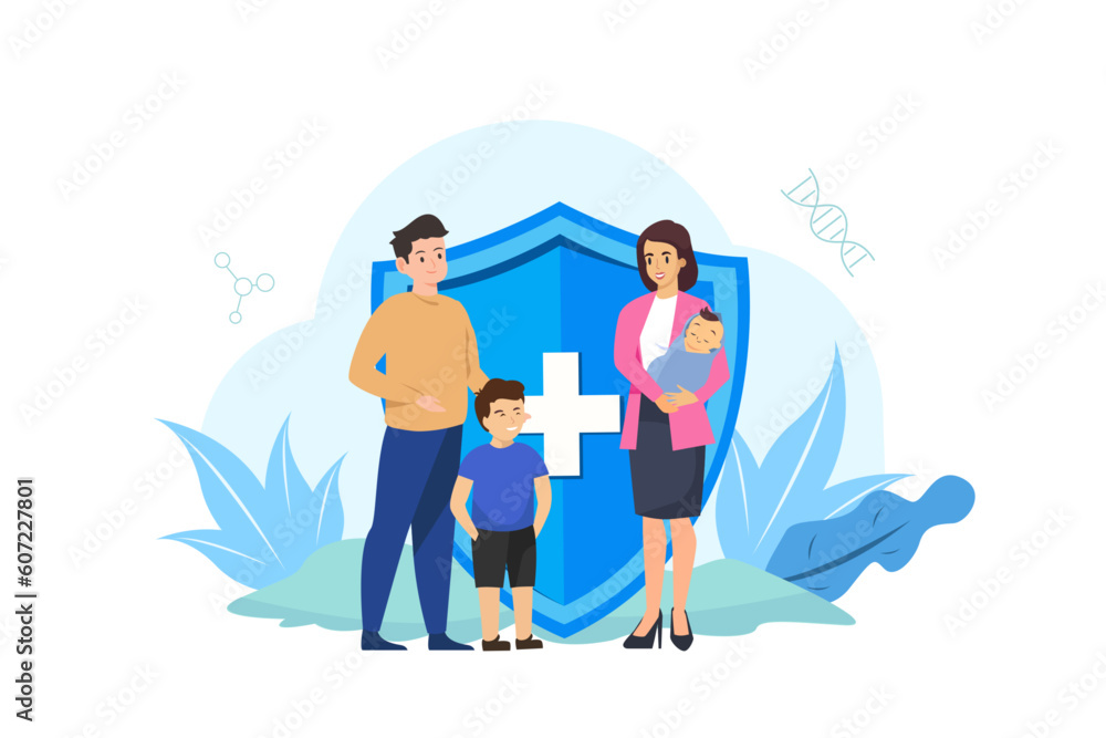 Family health care and life insurance concept. Group people and big shield protection. Vector illustration Family health care and life insurance concept. Group people and big shield protection. Vector illustration