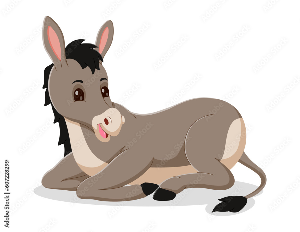 Cute Cartoon donkey lying down. cartoon donkey resting. Cartoon donkey lying position. Vector illustration