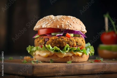 A colorful veggie burger made with a hearty patty of vegetables. (Generated AI)