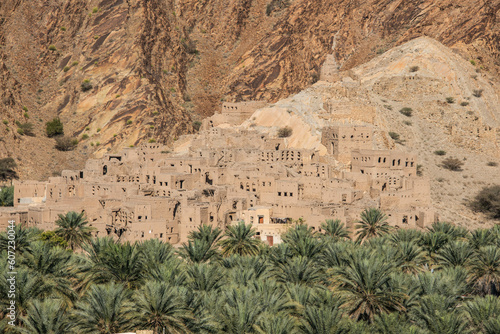 Mud-brick ruins and date palms in the oasis village of Birkat al Mouz, Oman
