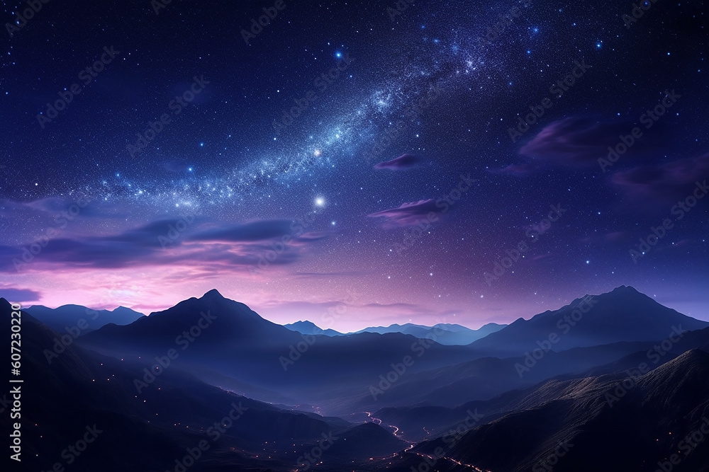 Beautiful Landscape with Galaxy in the Sky in Mountains at Night Surrounded by Twinkling Stars