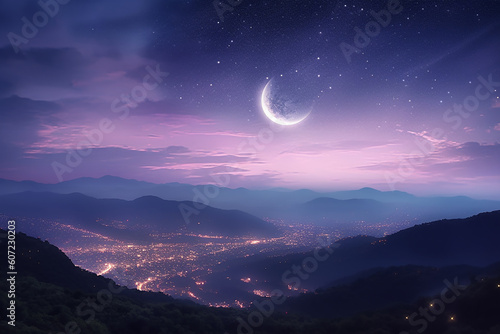 Beautiful Landscape with Crescent Moon in the Mountains at Night Surrounded by Twinkling Stars