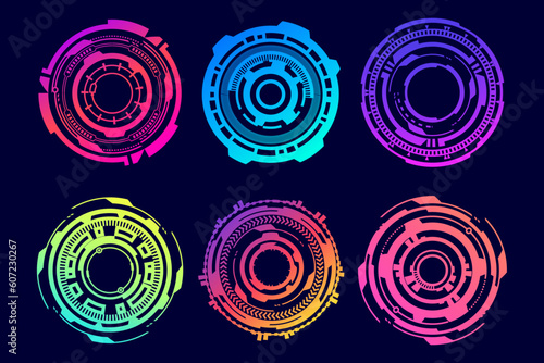 HUD futuristic elements. Abstract optical neon aim. Circle geometric shapes for virtual interface and games. Camera viewfinder for sniper weapon. Vector set