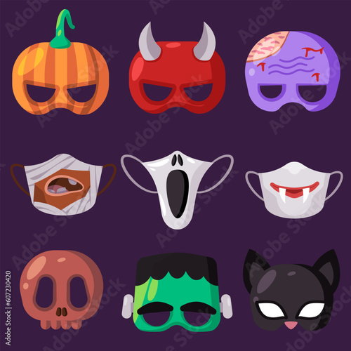 Horror halloween character of monster set collection of mask creepy creature fun kids style